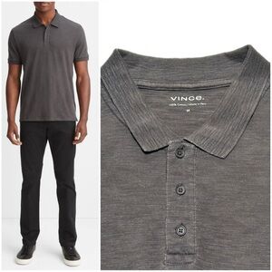 Vince. Classic Slub Polo Shirt Sphere Grey Peruvian Cotton Knit Short Sleeve